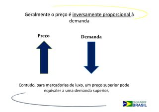 Geralmente o preço é inversamente proporcional à
                      demanda

         Preço                  Demanda




Contudo, para mercadorias de luxo, um preço superior pode
             equivaler a uma demanda superior.
 