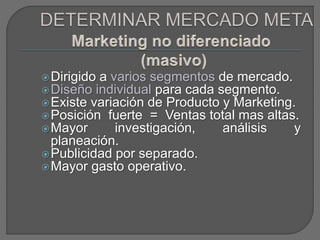 Dirigido a varios segmentos de mercado.
Diseño individual para cada segmento.
Existe variación de Producto y Marketing.
Posición fuerte = Ventas total mas altas.
Mayor investigación, análisis y
planeación.
Publicidad por separado.
Mayor gasto operativo.
 