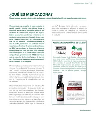 Mercadona: Nuestro Modelo_

15

¿QUÉ ES MERCADONA?
Una empresa que se esfuerza día a día para mejorar la satisfacción de sus cinco componentes

Mercadona es una compañía de supermercados de

por vida”. Gracias a ello los fabricantes interprovee-

capital español y familiar cuyo objetivo, desde su
fundación, es satisfacer plenamente todas las ne-

dores están implicados en la filosofía de satisfacción
total a los clientes que caracteriza a la compañía y

cesidades de alimentación, limpieza del hogar e

obsesionados con la calidad, tanto de servicio como

higiene personal de sus clientes, así como las necesidades relacionadas con el cuidado de sus mas-

de producto.

cotas. Para ello, cuenta con 1.411 tiendas de barrio
que, con una media de 1.500 metros cuadrados de
sala de ventas, representan una cuota de mercado
sobre la superﬁcie total de alimentación en España

ALGUNAS MARCAS PROPIAS DE CALIDAD

del 13,8% y contribuyen al dinamismo del entorno
comercial en el que están ubicadas. Todos los supermercados disponen de un surtido amplio y eﬁciente,
compuesto por aproximadamente 8.000 referencias,
que se encuentra fácilmente al alcance de los más
de 4,7 millones de hogares que anualmente depositan su conﬁanza en la compañía.
Mercadona basa su modelo comercial en la fórmula
Siempre Precios Bajos (SPB), que permite que “El
Jefe”, nombre con que la compañía denomina a
sus clientes, realice una Compra Total con productos de la máxima calidad y al precio más bajo posible, fiel a la máxima de la compañía desde hace
más de 19 años de que “la calidad no tiene por qué
ser más cara”.
Mercadona trabaja directamente con más de 2.000
proveedores comerciales y de servicios, de los que
más de 100 son interproveedores, que fabrican,
entre otras, las marcas Hacendado, Bosque Verde,
Deliplus y Compy. Con todos ellos, la compañía mantiene un modelo de colaboración mutua y de compromiso conjunto, de relaciones a largo plazo que
se regulan a través del Convenio Marco de Buenas
Prácticas Comerciales, dando lugar a “contratos de

Hacendado, Bosque Verde, Deliplus y Compy son,
entre otras, marcas que Mercadona desarrolla desde
1996. Todas las referencias de estas marcas propias
son productos de calidad desarrollados por los
fabricantes interproveedores, que aparecen siempre
claramente identiﬁcados en cada etiquetado y que
colaboran con Mercadona para satisfacer necesidades
reales de “El Jefe” con absolutas garantías y al mejor
precio posible.

Reducción de vinagre de Pedro
Ximénez, del interproveedor J.R.
Sabater, fabricante de la marca
Hacendado. Identiﬁcado claramente
en el etiquetado, como el resto de
marcas propias de Mercadona.

Memoria Mercadona 2012

 