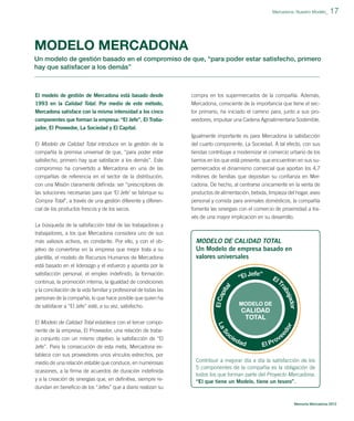 Mercadona: Nuestro Modelo_

17

MODELO MERCADONA
Un modelo de gestión basado en el compromiso de que, “para poder estar satisfecho, primero
hay que satisfacer a los demás”

El modelo de gestión de Mercadona está basado desde

compra en los supermercados de la compañía. Además,

1993 en la Calidad Total. Por medio de este método,
Mercadona satisface con la misma intensidad a los cinco

Mercadona, consciente de la importancia que tiene el sector primario, ha iniciado el camino para, junto a sus pro-

componentes que forman la empresa: “El Jefe”, El Traba-

veedores, impulsar una Cadena Agroalimentaria Sostenible.

jador, El Proveedor, La Sociedad y El Capital.
Igualmente importante es para Mercadona la satisfacción
El Modelo de Calidad Total introduce en la gestión de la

del cuarto componente, La Sociedad. A tal efecto, con sus

compañía la premisa universal de que, “para poder estar
satisfecho, primero hay que satisfacer a los demás”. Este
compromiso ha convertido a Mercadona en una de las

tiendas contribuye a modernizar el comercio urbano de los
barrios en los que está presente, que encuentran en sus supermercados el dinamismo comercial que aportan los 4,7

compañías de referencia en el sector de la distribución,
con una Misión claramente deﬁnida: ser “prescriptores de
las soluciones necesarias para que ‘El Jefe’ se fabrique su

millones de familias que depositan su conﬁanza en Mercadona. De hecho, al centrarse únicamente en la venta de
productos de alimentación, bebida, limpieza del hogar, aseo

Compra Total”, a través de una gestión diferente y diferencial de los productos frescos y de los secos.

personal y comida para animales domésticos, la compañía
fomenta las sinergias con el comercio de proximidad a través de una mayor implicación en su desarrollo.

La búsqueda de la satisfacción total de las trabajadoras y
trabajadores, a los que Mercadona considera uno de sus
más valiosos activos, es constante. Por ello, y con el objetivo de convertirse en la empresa que mejor trata a su
plantilla, el modelo de Recursos Humanos de Mercadona
está basado en el liderazgo y el esfuerzo y apuesta por la
satisfacción personal, el empleo indeﬁnido, la formación
continua, la promoción interna, la igualdad de condiciones
y la conciliación de la vida familiar y profesional de todas las
personas de la compañía, lo que hace posible que quien ha
de satisfacer a “El Jefe” esté, a su vez, satisfecho.
El Modelo de Calidad Total establece con el tercer componente de la empresa, El Proveedor, una relación de trabajo conjunto con un mismo objetivo: la satisfacción de “El
Jefe”. Para la consecución de esta meta, Mercadona establece con sus proveedores unos vínculos estrechos, por
medio de una relación estable que conduce, en numerosas
ocasiones, a la ﬁrma de acuerdos de duración indeﬁnida
y a la creación de sinergias que, en deﬁnitiva, siempre redundan en beneﬁcio de los “Jefes” que a diario realizan su

MODELO DE CALIDAD TOTAL
Un Modelo de empresa basado en
valores universales

Contribuir a mejorar día a día la satisfacción de los
5 componentes de la compañía es la obligación de
todos los que forman parte del Proyecto Mercadona.
“El que tiene un Modelo, tiene un tesoro”.

Memoria Mercadona 2012

 