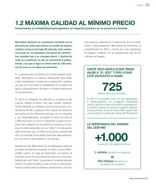 ”El Jefe”_

29

1.2 MÁXIMA CALIDAD AL MÍNIMO PRECIO
Incrementar la rentabilidad para generar un impacto positivo en la economía familiar

Mercadona mantiene un compromiso constante con la

a la estrecha colaboración e implicación de los provee-

disciplina de costes para ofrecer un surtido de máxima
calidad y al precio más bajo del mercado. Este compro-

dores e interproveedores, Mercadona ha mantenido su
competitividad en 2012 y, hecho aún más importante,

miso parte de “la importancia del ahorro del céntimo”,

ha seguido contando con la conﬁanza de más de 4,7

tras constatar que si se consigue reducir 1 céntimo de
coste en el producto, no solo se incrementa la produc-

millones de hogares.

tividad, sino que se logra un ahorro total de 100 millones de euros en la cadena de suministro.
En la persecución constante de la productividad sostenible, Mercadona se esfuerza diariamente para evitar
costes innecesarios a través de la cooperación, tratando
con ello de incrementar la rentabilidad en la cadena de
valor y, adicionalmente, de reducir al máximo los precios
de sus productos.
En 2012, la compañía ha reforzado su compromiso de
máxima calidad al precio más bajo posible, especialmente relevante en contextos como el actual. Como consecuencia de ello, y gracias a las mejoras de eﬁciencia
alcanzadas en los diferentes procesos por la compañía
y sus interproveedores, ha bajado el precio de más de
1.000 productos, lo que ha contribuido a reducir el impacto de la inﬂación en la cesta de la compra y a mantener el poder adquisitivo de sus “Jefes”. En este punto,
cabe reconocer que, al menos en el primer semestre del
año, la compañía no ha sabido transmitir adecuadamente y con hechos este esfuerzo a sus clientes.
Además de ello, Mercadona ha absorbido gran parte de
la subida de distintos impuestos en 2012, como el IVA o
el IGIC canario, en lugar de repercutirla, vía precios, al
entender que en la actual situación esta era su responsabilidad hacia los “Jefes”, a quienes la compañía siempre
sitúa en el centro de todas y cada una de sus decisiones.
Gracias a todas estas iniciativas y compromisos, así como

HACER SOLO AQUELLO QUE AÑADE
VALOR A “EL JEFE” Y POR LO QUE
ESTÉ DISPUESTO A PAGAR

725

millones de euros ahorrados
En 2012 la compañía, junto con sus proveedores
e interproveedores, ha conseguido importantes
ahorros, evitando costes innecesarios y persiguiendo
el céntimo (mejoras en procesos de gestión, logística
y productividad), lo que le ha permitido cerrar el año
con los precios 2 puntos por debajo del IPC general

LA IMPORTANCIA DEL AHORRO
DEL CÉNTIMO

+1.000

productos con bajada de precio

1 céntimo de ahorro en producto

=
100 millones de ahorro en
la cadena de suministro

Memoria Mercadona 2012

 