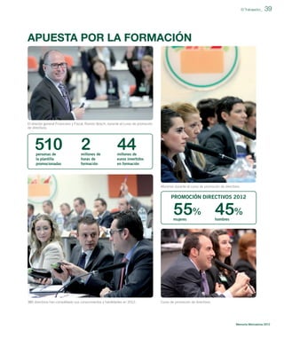 El Trabajador_

39

APUESTA POR LA FORMACIÓN

El director general Financiero y Fiscal, Ramón Bosch, durante el curso de promoción
de directivos.

510
personas de
la plantilla
promocionadas

2

millones de
horas de
formación

44

millones de
euros invertidos
en formación

Alumnos durante el curso de promoción de directivos.

PROMOCIÓN DIRECTIVOS 2012

55% 45%
mujeres

385 directivos han consolidado sus conocimientos y habilidades en 2012.

hombres

Curso de promoción de directivos.

Memoria Mercadona 2012

 