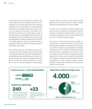 42

_El Trabajador

Fiel a la máxima de que para poder pedir y exigir es funda-

durante el ejercicio ha permitido no solo alcanzar las metas

mental haber dado primero, Mercadona ofrece como contrapartida unas condiciones diferenciales. Estas condiciones

generales de la compañía, sino también cumplir los objetivos
especíﬁcamente pactados para su puesto de trabajo.

contribuyen a que los trabajadores se sientan plenamente
identiﬁcados con el proyecto empresarial, se involucren aún
más en su desarrollo y crecimiento, e incrementen su ren-

En 2012, y como recompensa al esfuerzo particular realizado, así como a las mejoras de productividad y eﬁciencia

dimiento para poder alcanzar las metas ﬁjadas. Ejemplo de

obtenidas, la compañía ha decidido repartir, en el marco de

esta huella diferencial es la estabilidad laboral del 100% de
los trabajadores, pues las 74.000 personas que forman parte

esta política de retribución variable, un total de 240 millones
de euros en concepto de prima por objetivos.

de la plantilla tienen contratos ﬁjos desde el primer momento,
o una política salarial por encima de la media del sector y
basada desde 1997 en el Principio de Equidad: a igual responsabilidad, mismo sueldo.

Pero además, el Comité de Dirección de la compañía, a la
vista del esfuerzo acometido en este ejercicio y de los excelentes resultados obtenidos, ha decidido, de forma excepcio-

Para incentivar los esfuerzos individuales que conducen a la
consecución de metas conjuntas, así como para reconocer

nal para 2012, compartir con los trabajadores la cantidad de
23 millones de euros en concepto de compensación extraordinaria. Con ello se ha garantizado, como mínimo, el cobro

la responsabilidad que cada miembro de la plantilla tiene en
los resultados alcanzados por Mercadona, la compañía comparte sus beneﬁcios por medio de una política de retribución

de un salario neto similar al de 2011, neutralizando la merma
salarial que en muchos casos se derivaba de la aplicación
de las subidas de los tramos de retención del IRPF. Todo ello

variable. Con ello prima a todos los miembros de su plantilla con más de un año de antigüedad y cuya implicación

ha supuesto que, en 2012, se haya compartido con los trabajadores un total de 263 millones de euros del total de los
beneﬁcios de la compañía.

PLANTILLA 2012: 74.000 TRABAJADORES

CREACIÓN DE EMPLEO ESTABLE 2012

4.000

13%de 35 años
mayores

BENEFICIO COMPARTIDO

240

+23

millones de euros repartidos
en concepto de prima entre
todos los trabajadores que
han cumplido sus objetivos

millones de euros como
compensación extraordinaria
para neutralizar la subida
del IRPF

Memoria Mercadona 2012

nuevos puestos
de trabajo

53% y 35 años
entre 26
34% 26 años
menores
PERFIL INCORPORACIONES 2012

 
