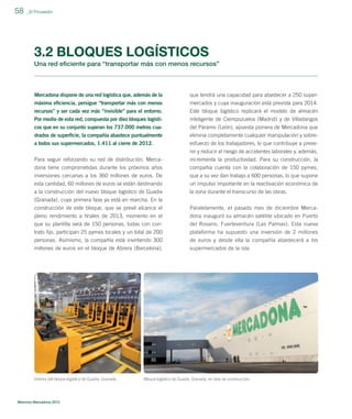 58

_El Proveedor

3.2 BLOQUES LOGÍSTICOS
Una red eﬁciente para “transportar más con menos recursos”

Mercadona dispone de una red logística que, además de la

que tendrá una capacidad para abastecer a 250 super-

máxima eﬁciencia, persigue “transportar más con menos
recursos” y ser cada vez más “invisible” para el entorno.

mercados y cuya inauguración está prevista para 2014.
Este bloque logístico replicará el modelo de almacén

Por medio de esta red, compuesta por diez bloques logísti-

inteligente de Ciempozuelos (Madrid) y de Villadangos

cos que en su conjunto superan los 737.000 metros cuadrados de superﬁcie, la compañía abastece puntualmente

del Páramo (León), apuesta pionera de Mercadona que
elimina completamente cualquier manipulación y sobre-

a todos sus supermercados, 1.411 al cierre de 2012.

esfuerzo de los trabajadores, lo que contribuye a preve-

Para seguir reforzando su red de distribución, Mercadona tiene comprometidas durante los próximos años

nir y reducir el riesgo de accidentes laborales y, además,
incrementa la productividad. Para su construcción, la
compañía cuenta con la colaboración de 150 pymes,

inversiones cercanas a los 360 millones de euros. De
esta cantidad, 60 millones de euros se están destinando
a la construcción del nuevo bloque logístico de Guadix

que a su vez dan trabajo a 600 personas, lo que supone
un impulso importante en la reactivación económica de
la zona durante el transcurso de las obras.

(Granada), cuya primera fase ya está en marcha. En la
construcción de este bloque, que se prevé alcance el
pleno rendimiento a ﬁnales de 2013, momento en el

Paralelamente, el pasado mes de diciembre Mercadona inauguró su almacén satélite ubicado en Puerto

que su plantilla será de 150 personas, todas con contrato ﬁjo, participan 25 pymes locales y un total de 200
personas. Asimismo, la compañía está invirtiendo 300

del Rosario, Fuerteventura (Las Palmas). Esta nueva
plataforma ha supuesto una inversión de 2 millones
de euros y desde ella la compañía abastecerá a los

millones de euros en el bloque de Abrera (Barcelona),

supermercados de la isla.

Interior del bloque logístico de Guadix, Granada.

Memoria Mercadona 2012

Bloque logístico de Guadix, Granada, en fase de construcción.

 