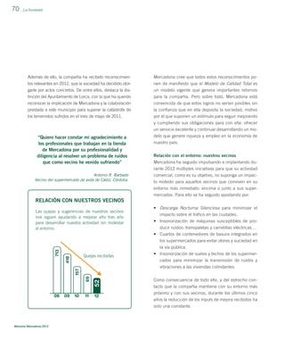 70

_La Sociedad

Además de ello, la compañía ha recibido reconocimien-

Mercadona cree que todos estos reconocimientos po-

tos relevantes en 2012, que la sociedad ha decidido otorgarle por actos concretos. De entre ellos, destaca la dis-

nen de maniﬁesto que el Modelo de Calidad Total es
un modelo vigente que genera importantes retornos

tinción del Ayuntamiento de Lorca, con la que ha querido

para la compañía. Pero sobre todo, Mercadona está

reconocer la implicación de Mercadona y la colaboración
prestada a este municipio para superar la catástrofe de

convencida de que estos logros no serían posibles sin
la conﬁanza que en ella deposita la sociedad, motivo

los terremotos sufridos en el mes de mayo de 2011.

por el que suponen un estímulo para seguir mejorando

“Quiero hacer constar mi agradecimiento a
los profesionales que trabajan en la tienda
de Mercadona por su profesionalidad y
diligencia al resolver un problema de ruidos
que como vecino he venido sufriendo”
Antonio R. Barbado
Vecino del supermercado de avda de Cádiz, Córdoba.

y cumpliendo sus obligaciones para con ella: ofrecer
un servicio excelente y continuar desarrollando un modelo que genere riqueza y empleo en la economía de
nuestro país.
Relación con el entorno: nuestros vecinos
Mercadona ha seguido impulsando e implantando durante 2012 múltiples iniciativas para que su actividad
comercial, como es su objetivo, no suponga un impacto molesto para aquellos vecinos que conviven en su
entorno más inmediato: encima o junto a sus supermercados. Para ello se ha seguido apostando por:

RELACIÓN CON NUESTROS VECINOS

Quejas recibidas

08

Memoria Mercadona 2012

09

10

11

52

69

157

418

713

Las quejas y sugerencias de nuestros vecinos
nos siguen ayudando a mejorar año tras año
para desarrollar nuestra actividad sin molestar
al entorno.

12

• Descarga Nocturna Silenciosa para minimizar el
impacto sobre el tráﬁco en las ciudades.
• Insonorización de máquinas susceptibles de producir ruidos: transpaletas y carretillas eléctricas…
• Cuartos de contenedores de basura integrados en
los supermercados para evitar olores y suciedad en
la vía pública.
• Insonorización de suelos y techos de los supermercados para minimizar la transmisión de ruidos y
vibraciones a las viviendas colindantes.
Como consecuencia de todo ello, y del estrecho contacto que la compañía mantiene con su entorno más
próximo y con sus vecinos, durante los últimos cinco
años la reducción de los inputs de mejora recibidos ha
sido una constante.

 
