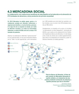 La Sociedad_

71

4.3 MERCADONA SOCIAL
La colaboración con instituciones benéﬁcas de toda España se ha traducido en la donación de
470 toneladas de alimentos y otros productos de primera necesidad

En 2012 Mercadona ha podido apoyar, gracias a la

las 1.200 toneladas que entre todos han aportado a es-

colaboración prestada por diferentes instituciones y
organizaciones benéﬁcas, a muchas familias y personas.

tas iniciativas, que se suman a las 470 toneladas donadas por Mercadona.

A lo largo del año la compañía ha donado, por medio
de diferentes iniciativas y en todas las Comunidades
Autónomas, un total de 8.000 carros de la compra: 470

Paralelamente, la compañía se ha unido a la iniciativa
“La Alimentación no tiene Desperdicio”, promovida por

toneladas de productos.

AECOC y que cuenta con la colaboración de la Federa-

Además, ha colaborado en diferentes “operaciones kilo”
en sus supermercados, en las que la respuesta solidaria

ción Española de Bancos de Alimentos. En ella trabaja,
junto al resto de actores de la cadena agroalimentaria,
para reducir los desperdicios de productos y poder re-

de los “Jefes” ha sido espectacular, como demuestran

distribuir alimentos con totales garantías.

Banco de Alimentos
Asturias

Santiago de
Compostela

Cáritas
Cruz Roja

León

Palencia

Burgos

Huesca
Girona

Lleida

Casa de la Caridad

Barcelona
Valladolid

Zaragoza

Segovia

Tarragona
Madrid

Salamanca

Teruel

Ávila

Castellón

Cáceres

Cuenca

Toledo

Valencia
Badajoz
Ciudad Real

Mallorca

Albacete

Córdoba
Alicante
Jaén
Huelva
Murcia

Granada
Sevilla

Málaga
Tenerife

Gran Canaria

Cádiz

Almería

“Para los Bancos de Alimentos, la ﬁrma de
este acuerdo con Mercadona demuestra el
espíritu solidario y el compromiso de esta
empresa mediante la donación de productos a
aquellas personas que más lo necesitan”
José Antonio Busto,
Presidente de la Federación Española de
Banco de Alimentos (FESBAL)

Memoria Mercadona 2012

 
