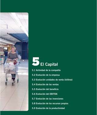 5

El Capital

5.1 Actividad de la compañía
5.2 Evolución de la empresa
5.3 Evolución unidades de venta (kilitros)
5.4 Evolución de las ventas
5.5 Evolución del beneﬁcio
5.6 Evolución del EBITDA
5.7 Evolución de las inversiones
5.8 Evolución de los recursos propios
5.9 Evolución de la productividad

 