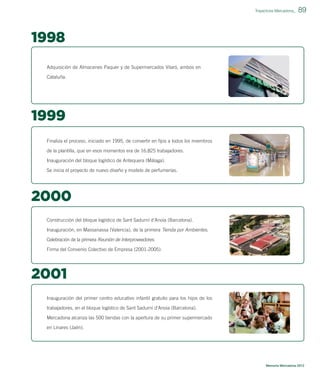 Trayectoria Mercadona_

89

1998
Adquisición de Almacenes Paquer y de Supermercados Vilaró, ambos en
Cataluña.

1999
Finaliza el proceso, iniciado en 1995, de convertir en ﬁjos a todos los miembros
de la plantilla, que en esos momentos era de 16.825 trabajadores.
Inauguración del bloque logístico de Antequera (Málaga).
Se inicia el proyecto de nuevo diseño y modelo de perfumerías.

2000
Construcción del bloque logístico de Sant Sadurní d’Anoia (Barcelona).
Inauguración, en Massanassa (Valencia), de la primera Tienda por Ambientes.
Celebración de la primera Reunión de Interproveedores.
Firma del Convenio Colectivo de Empresa (2001-2005).

2001
Inauguración del primer centro educativo infantil gratuito para los hijos de los
trabajadores, en el bloque logístico de Sant Sadurní d’Anoia (Barcelona).
Mercadona alcanza las 500 tiendas con la apertura de su primer supermercado
en Linares (Jaén).

Memoria Mercadona 2012

 
