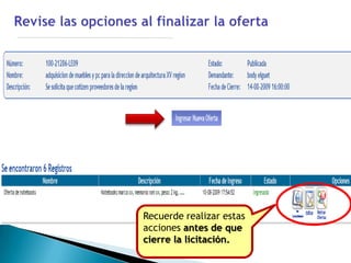 Recuerde realizar estas
acciones antes de que
cierre la licitación.
 