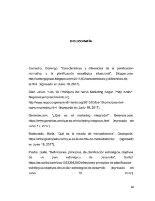 20
BIBLIOGRAFÍA
Camacho, Domingo. "Características y diferencias de la planificación
normativa y la planificación estratégica situacional". Blogger.com.
http://domingojosue.blogspot.com/2011/03/caracteristicas-y-diferencias-de-
la.html (Ingresado en Junio 19, 2017).
Díaz, Javier. "Los 10 Principios del nuevo Marketing Segun Philip Kotler".
Negociosyemprendimiento.org.
http://www.negociosyemprendimiento.org/2010/03/los-10-principios-del-
nuevo-marketing.html (Ingresado en Junio 19, 2017).
Gerencie.com. "¿Qué es el marketing integrado?". Gerencie.com.
https://www.gerencie.com/que-es-el-marketing-integrado.html (Ingresado en
Junio 19, 2017).
Maldonado, María. "Qué es la mezcla de mercadotecnia". Gestiopolis.
https://www.gestiopolis.com/que-es-la-mezcla-de-mercadotecnia/ (Ingresado
en Junio 19, 2017).
Piedra, Guille. "Definiciones, principios, de planificación estratégica, objetivos
de un plan estratégico de desarrollo". Scribd.
https://es.scribd.com/doc/105239829/Definiciones-principios-de-planificacion-
estrategica-objetivos-de-un-plan-estrategico-de-desarrollo (Ingresado en
Junio 19, 2017).
 