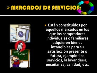 MERCADOS DE SERVICIOS:Están constituidos por aquellos mercados en los que los compradores individuales o familiares adquieren bienes intangibles para su satisfacción presente o futura, ejemplo: los servicios, la lavandería, enseñanza, sanidad, etc.