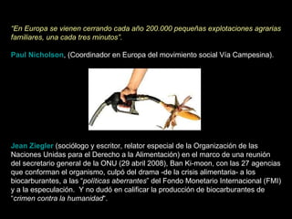 “ En Europa se vienen cerrando cada año 200.000 pequeñas explotaciones agrarias familiares, una cada tres minutos”.   Paul Nicholson , (Coordinador en Europa del movimiento social Vía Campesina). Jean Ziegler  (sociólogo y escritor, relator especial de la Organización de las Naciones Unidas para el Derecho a la Alimentación) en el marco de una reunión del secretario general de la ONU (29 abril 2008), Ban Ki-moon, con las 27 agencias que conforman el organismo, culpó del drama -de la crisis alimentaria- a los biocarburantes, a las “ políticas aberrantes ” del Fondo Monetario Internacional (FMI) y a la especulación.  Y no dudó en calificar la producción de biocarburantes de “ crimen contra la humanidad “. 