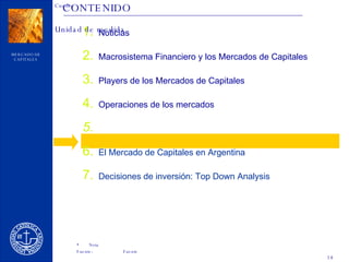CONTENIDO Noticias Macrosistema Financiero y los Mercados de Capitales Players de los Mercados de Capitales Operaciones de los mercados Instrumentos de financiación El Mercado de Capitales en Argentina Decisiones de inversión: Top Down Analysis 