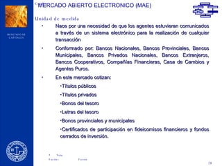 MERCADO ABIERTO ELECTRONICO (MAE) Nace por una necesidad de que  los agentes estuvieran comunicados a través de un sistema electrónico para la realización de cualquier transacción Conformado por:  Bancos Nacionales, Bancos Provinciales, Bancos Municipales, Bancos Privados Nacionales, Bancos Extranjeros, Bancos Cooperativos, Compañías Financieras, Casa de Cambios y Agentes Puros.   En este mercado cotizan: Títulos públicos Títulos privados Bonos del tesoro Letras del tesoro Bonos provinciales y municipales Certificados de participación en fideicomisos financieros y fondos cerrados de inversión.  