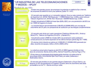 LA INDUSTRIA DE LAS TELECOMUNICACIONES Y MEDIOS – 4PLAY Características Existen tres grandes grupos: las empresas incumbentes en telefonía fija e internet, las empresas de telefonía móvil y las cableras (Cable TV + HFC. Telefonia Fija El mercado esta repartido en un monopolio regional. Zona sur esta cubierta por Telefónica de Argentina S.A. (NYSE:TAR Revenues: 1.109MM Market Cap: 2.24B) y zona norte por Telecom Argentina S.A. (NYSE:TEO. Revenues:1.884MM Market Cap: 2.34B). Existen actualmente 8,9MM de líneas fijas (B2B y B2C) con una penetración del 65% de los 10MM de hogares en el país. La industria factura aproximadamente 2.0BUSD (6.200MM ARS) con una tasa de crecimiento del 2% pero con perspectivas de sustitución por tecnologías complementarias Telefonia Móvil El mercado esta divido por cuatro operadores (Telefónica Móviles-49%-, América Móvil-27%-, Telecom de Argentina S.A-22%-. y Nextel-2%-). Actualmente existen 25MM de móviles (68% de penetración sobre población) consecuencia de una fuerte expansión en los últimos tiempos (planta Ago 04: 11MM) El volumen de la indsutria se estima en 3.55BUSD (11.000MM ARS) generado por altas, recambio de equipos, tráfico y SVA’s (SMS’s:20%) Internet La cobertura actual sobre hogares es del 23% (2.3MM hogares) dividida en tres tipos de conexiones: Banda ancha (39%), Dial Up Free(43%) y Dial Up Pago (17%) El key esta en el  crecimiento de la banda ancha  dandose una pelea entre la teconología ADSL (incumbentes fijas-Teco/Tasa) y el cable (Cablevision / Multimedios Clarín).. TV Paga El mercado esta dividido en dos grandes players (Cablevisión y Grupo Clarín) y se alcanza un 45% de penetración en hogares. El factor clave de crecimiento esta dada por la oferta duo de TV + Banda ancha por cable. EJEMPLO 