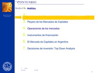 CONTENIDO Noticias Macrosistema Financiero y los Mercados de Capitales Players de los Mercados de Capitales Operaciones de los mercados Instrumentos de financiación El Mercado de Capitales en Argentina Decisiones de inversión: Top Down Analysis 