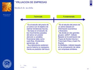 VALUACION DE EMPRESAS Technicals Fundamentals Es el estudio del precio de  un activo con el objetivo de  estimar tendencias futuras.  Se basa en el estudio de  los movimientos pasados  del activo sin prestar  atención a variables  financieras tales como  cash-flow, Dividendos,  ganancias, etc. Sus detractores sostienen que la historia no necesaria- mente es predictor del futuro Es el estudio del precio de  un activo basado en Información económica y financiera. Se divide en dos grandes grupos: a)DCF: método  Basado en la estimación de  Flujos de fondos futuros ( Free-Cash-Flow y Cash-To- Equity) b) Multiplos: método basado en la comparación de ratios con empresas similares. 