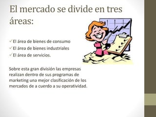 El mercado se divide en tres 
áreas: 
El área de bienes de consumo 
El área de bienes industriales 
El área de servicios. 
Sobre esta gran división las empresas 
realizan dentro de sus programas de 
marketing una mejor clasificación de los 
mercados de a cuerdo a su operatividad. 
 