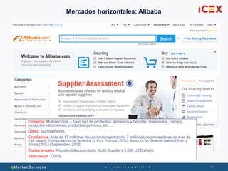 28
Mercados horizontales: Alibaba
Comercia: Multisectorial – Todo tipo de productos: alimentos y bebidas, maquinaria, calzado,
productos electrónicos, productos químicos, etc..…
Ópera: Mundialmente.
Estadísticas: Más de 13 milliones de usuarios registrados, 7 milliones de proveedores de más de
240 paises. Compradores de America (21%), Europa (20%), Asia (14%), Oriente Medio (9%), y
Africa (25%) (September, 2012) .
Costes anuales: Registro básico gratuito. Gold Suppliers 3.000 USD al año
Sede social: China
 