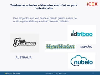 32
Tendencias actuales – Mercados electrónicos para
profesionales
Con proyectos que van desde el diseño gráfico a clips de
audio o generalistas que aúnan diversas materias
AUSTRALIA
ESPAÑA
 