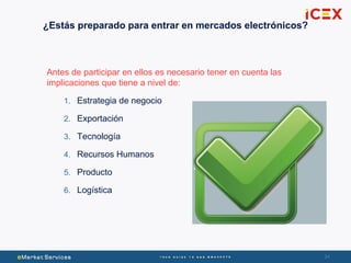 3434
Antes de participar en ellos es necesario tener en cuenta las
implicaciones que tiene a nivel de:
1. Estrategia de negocio
2. Exportación
3. Tecnología
4. Recursos Humanos
5. Producto
6. Logística
¿Estás preparado para entrar en mercados electrónicos?
 