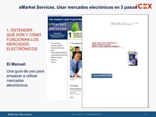 62
1. ENTENDER
QUÉ SON Y CÓMO
FUNCIONAN LOS
MERCADOS
ELECTRÓNICOS
El Manual:
Una guía de uso para
empezar a utilizar
mercados
electrónicos.
eMarket Services. Usar mercados elecrónicos en 3 pasos
 