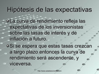 Hipótesis de las expectativas La curva de rendimiento refleja las expectativas de los inversionistas sobre las tasas de interés y de inflación a futuro.  Si se espera que estas tasas crezcan a largo plazo entonces la curva de rendimiento será ascendente, y viceversa. http://www.auladeeconomia.com 