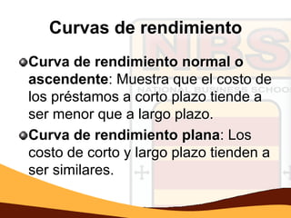 Curvas de rendimiento
Curva de rendimiento normal o
ascendente: Muestra que el costo de
los préstamos a corto plazo tiende a
ser menor que a largo plazo.
Curva de rendimiento plana: Los
costo de corto y largo plazo tienden a
ser similares.
 