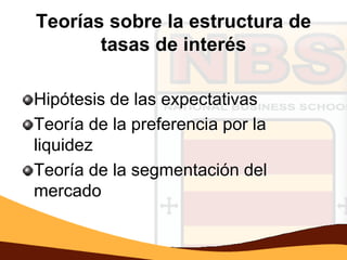 Teorías sobre la estructura de
       tasas de interés

Hipótesis de las expectativas
Teoría de la preferencia por la
liquidez
Teoría de la segmentación del
mercado
 