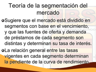 Teoría de la segmentación del
            mercado
Sugiere que el mercado está dividido en
segmentos con base en el vencimiento,
y que las fuentes de oferta y demanda
de préstamos de cada segmento son
distintas y determinan su tasa de interés.
La relación general entre las tasas
vigentes en cada segmento determinan
la pendiente de la curva de rendimiento.
 