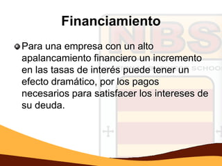 Financiamiento
Para una empresa con un alto
apalancamiento financiero un incremento
en las tasas de interés puede tener un
efecto dramático, por los pagos
necesarios para satisfacer los intereses de
su deuda.
 