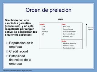 Instrumentos de Renta Fija – Profesor: Miguel Angel Martín
Orden de prelación
Si el bono no tiene
asociadas garantías
(unsecured), y no está
respaldado por ningún
activo, se consideran los
siguientes aspectos:
 Reputación de la
empresa
 Credit record
 Estabilidad
financiera de la
empresa
Assets Liabs
Cash Bank loans
PP&E Secured bonds
Inventory Subord debentures
A/R Convertible Bonds
Preferred Stock
Equity
Perpetual pfd stock
Common Stock
Retained earnings
FIRM
Inreasing
Seniority
 
