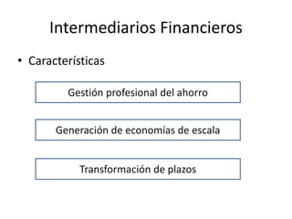 Intermediarios Financieros
• Características
Gestión profesional del ahorro
Generación de economías de escala
Transformación de plazos
 