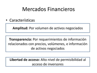 Mercados Financieros
• Características
Amplitud: Por volumen de activos negociados
Transparencia: Por requerimientos de información
relacionados con precios, volúmenes, e información
de activos negociados
Libertad de acceso: Alto nivel de permisibilidad al
acceso de inversores
 