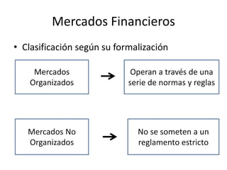 Mercados Financieros
• Clasificación según su formalización
Mercados
Organizados
Mercados No
Organizados
Operan a través de una
serie de normas y reglas
No se someten a un
reglamento estricto
 