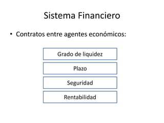 Sistema Financiero
• Contratos entre agentes económicos:
Grado de liquidez
Plazo
Seguridad
Rentabilidad
 