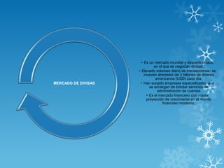 • Es un mercado mundial y descentralizado
                               en el que se negocian divisas.
                     • Elevado volumen diario de transacciones: se
                         mueven alrededor de 3 billones de dólares
                                americanos (USD) cada día.
MERCADO DE DIVISAS    • Han surgido empresas especializadas que
                            se encargan de brindar servicios de
                                 administración de cuentas
                          • Es el mercado financiero con mayor
                          proyección de crecimiento en el mundo
                                    financiero moderno.
 