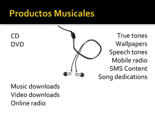 CD DVD Music downloads Video downloads Online radio True tones Wallpapers Speech tones Mobile radio SMS Content Song dedications 