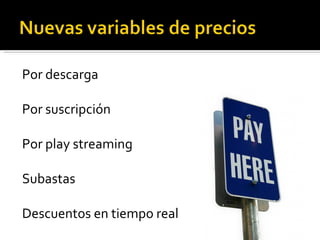 Por descarga Por suscripción Por play streaming Subastas Descuentos en tiempo real 
