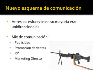 Antes los esfuerzos en su mayoría eran unidireccionales Mix de comunicación: Publicidad Promocion de ventas RP Marketing Directo 