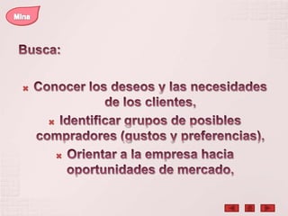 MinaBusca: Conocer los deseos y las necesidades de los clientes, Identificar grupos de posibles compradores (gustos y preferencias),Orientar a la empresa hacia oportunidades de mercado, 