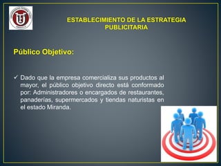 ESTABLECIMIENTO DE LA ESTRATEGIA
PUBLICITARIA
Público Objetivo:
 Dado que la empresa comercializa sus productos al
mayor, el público objetivo directo está conformado
por: Administradores o encargados de restaurantes,
panaderías, supermercados y tiendas naturistas en
el estado Miranda.
 