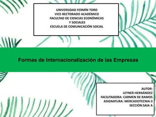 UNIVERSIDAD FERMÍN TORO
VICE-RECTORADO ACADÉMICO
FACULTAD DE CIENCIAS ECONÓMICAS
Y SOCIALES
ESCUELA DE COMUNICACIÓN SOCIAL
AUTOR:
LEYNER HERNÁNDEZ
FACILITADORA: CARMEN DE RAMOS
ASIGNATURA: MERCADOTECNIA II
SECCIÓN:SAIA A
Formas de Internacionalización de las Empresas
 