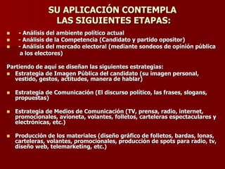 SU APLICACIÓN CONTEMPLA
LAS SIGUIENTES ETAPAS:
◼ - Análisis del ambiente político actual
◼ - Análisis de la Competencia (Candidato y partido opositor)
◼ - Análisis del mercado electoral (mediante sondeos de opinión pública
a los electores)
Partiendo de aquí se diseñan las siguientes estrategias:
◼ Estrategia de Imagen Pública del candidato (su imagen personal,
vestido, gestos, actitudes, manera de hablar)
◼ Estrategia de Comunicación (El discurso político, las frases, slogans,
propuestas)
◼ Estrategia de Medios de Comunicación (TV, prensa, radio, internet,
promocionales, avioneta, volantes, folletos, carteleras espectaculares y
electrónicas, etc.)
◼ Producción de los materiales (diseño gráfico de folletos, bardas, lonas,
carteleras, volantes, promocionales, producción de spots para radio, tv,
diseño web, telemarketing, etc.)
 