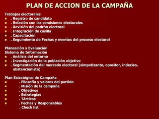 PLAN DE ACCION DE LA CAMPAÑA
Trabajos electorales
◼ . Registro de candidato
◼ . Relación con las comisiones electorales
◼ . Revisión del padrón electoral
◼ . Integración de casilla
◼ . Capacitación
◼ . Seguimiento de Fechas y eventos del proceso electoral
Planeación y Evaluación
Sistema de Información
◼ . Análisis del entorno
◼ . Investigación de la población objetivo
◼ . Segmentación del mercado electoral (simpatizante, opositor, indeciso,
abstencionista)
Plan Estratégico de Campaña
◼ . Filosofía y valores del partido
◼ . Misión de la campaña
◼ . Objetivos
◼ . Estrategias
◼ . Tácticas
◼ . Fechas y Responsables
. Check list
 