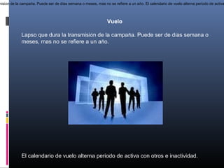misión de la campaña. Puede ser de días semana o meses, mas no se refiere a un año. El calendario de vuelo alterna periodo de activa
Vuelo
Lapso que dura la transmisión de la campaña. Puede ser de días semana o
meses, mas no se refiere a un año.
El calendario de vuelo alterna periodo de activa con otros e inactividad.
 