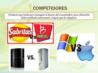 COMPETIDORES
Producto que lucha por conseguir el dinero del consumidor; para obtenerlo
debe resultarle interesante y lograr que lo adquiera.
 