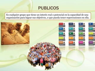 PUBLICOS
Es cualquier grupo que tiene un interés real o potencial en la capacidad de una
organización para lograr sus objetivos, o que pueda tener repercusiones en ella.
 