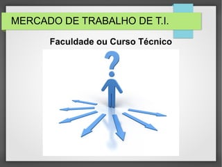 MERCADO DE TRABALHO DE T.I.
Faculdade ou Curso Técnico
 