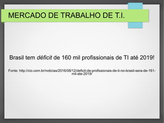 MERCADO DE TRABALHO DE T.I.
Brasil tem déficit de 160 mil profissionais de TI até 2019!
Fonte: http://cio.com.br/noticias/2016/08/12/deficit-de-profissionais-de-ti-no-brasil-sera-de-161-
mil-ate-2019/
 